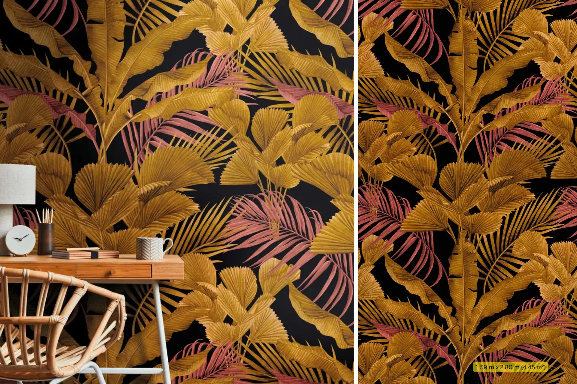 טפט תמונה עם עלי ג׳ונגל בגווני שחור וזהב – Rideaux רידו _ נתניה