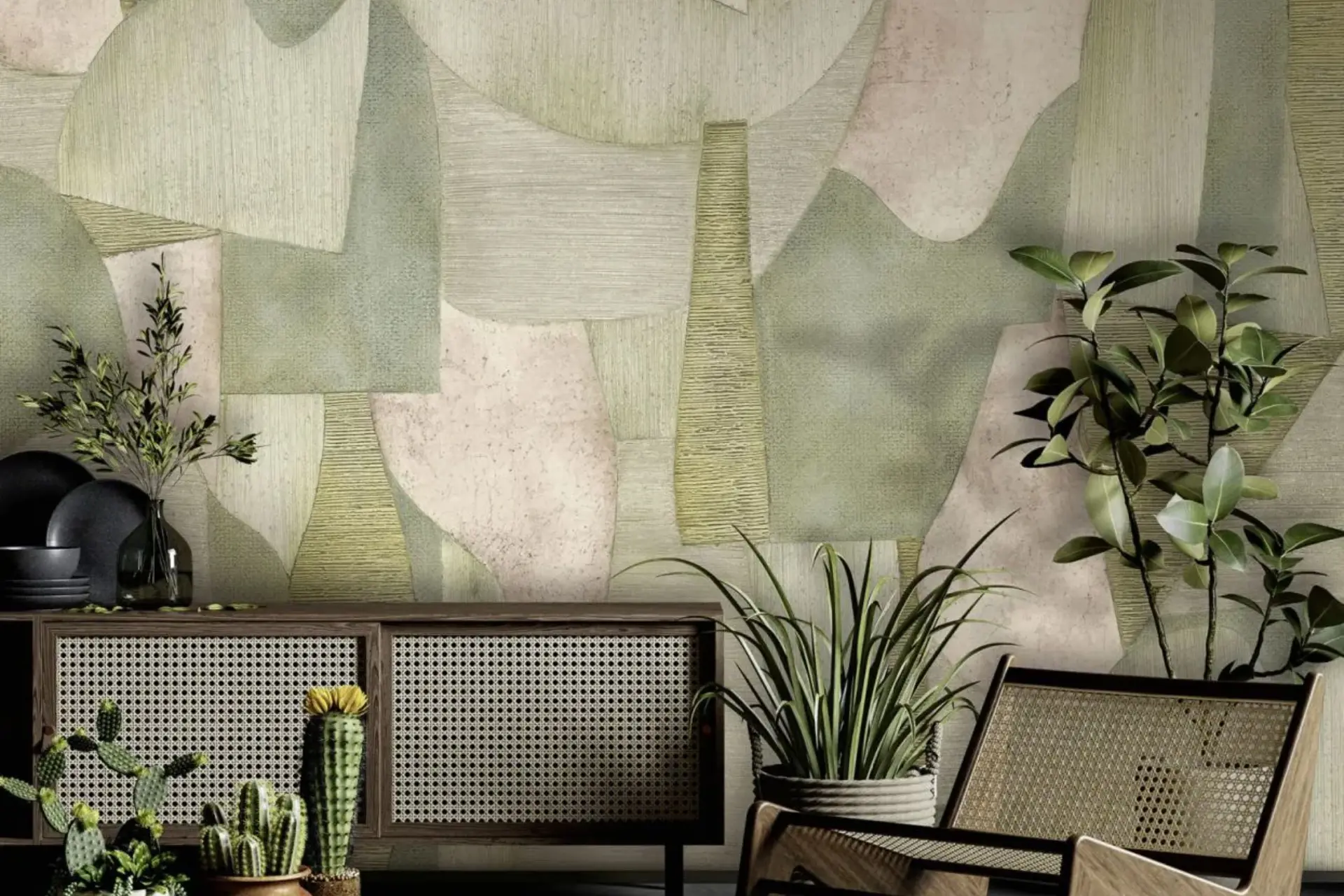 טפט תמונה קיר גרפי בז'-ירוק בסגנון מודרני – Rideaux רידו נתניה