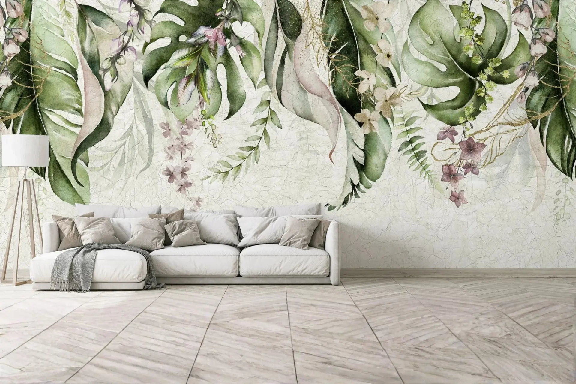 טפט תמונה קיר פרחוני אפור-ירוק בעיצוב טבעי מודרני – Rideaux רידו נתניה