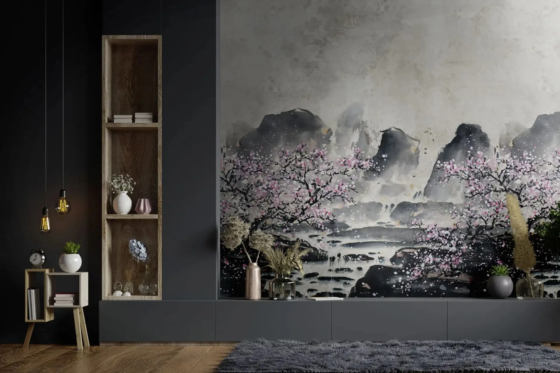 טפט תמונה קיר פרחוני בגווני אפור וורוד בעיצוב מודרני – Rideaux רידו נתניה